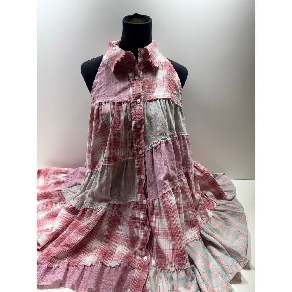 Blue Velvet Boho Women’s Sleeveless Patchwork Dress Button Front Tiered Festival - Picture 4 of 10